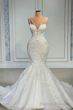 Mermaid Sweetheart Spaghetti strap Lace Floor Length Sleeveless Applique Beaded Wedding Dress