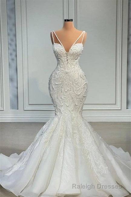 Mermaid Sweetheart Spaghetti strap Lace Floor Length Sleeveless Applique Beaded Wedding Dress