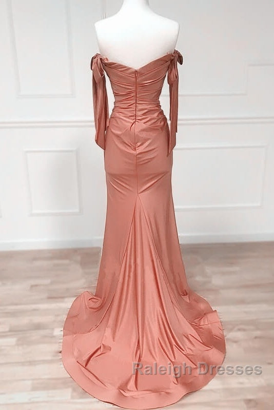 Mermaid Terracotta Ruched Split Satin Dresses