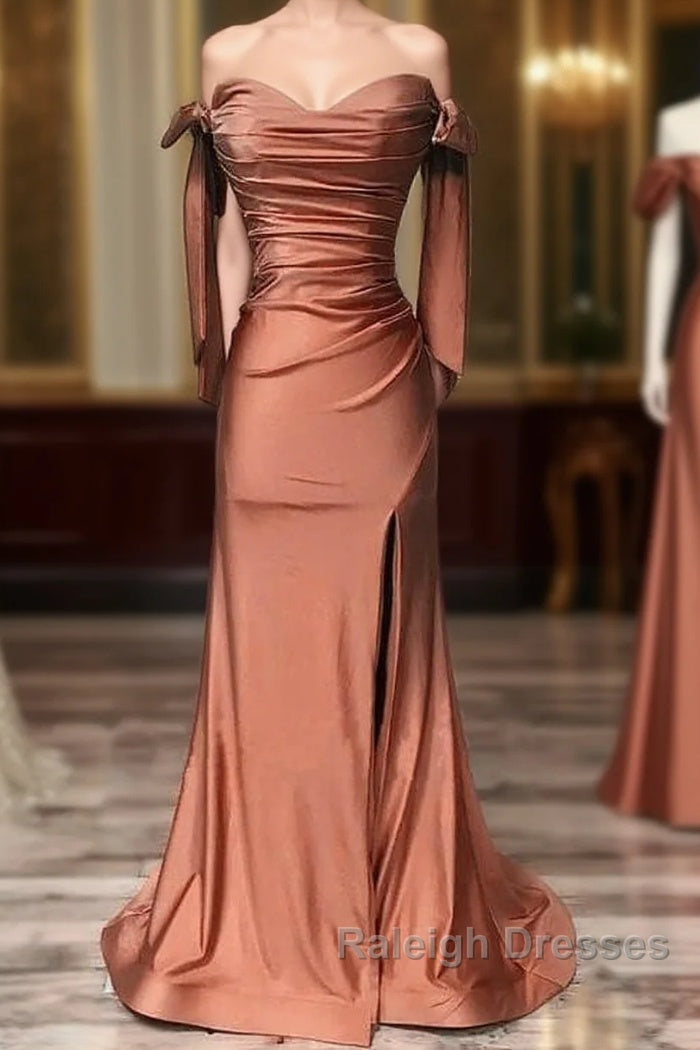 Mermaid Terracotta Ruched Split Satin Dress Main image