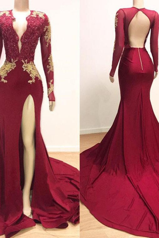Mermaid Transparent Round Collar Court Front Slit Backless Chiffon Applique Embroidery Prom Dress Secondary image
