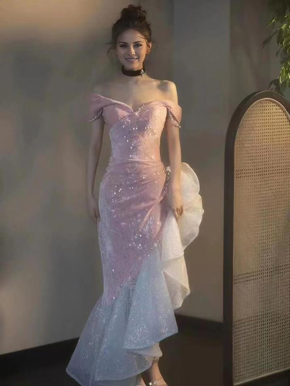 Mermaid / Trumpet Prom Dresses Party Dress Evening Party Floor Length Sleeveless Off Shoulder Tulle With Pearls Sequin