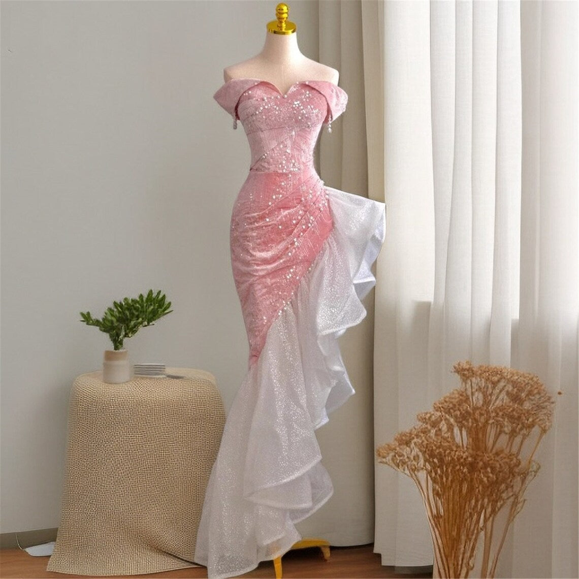 Mermaid / Trumpet Prom Dresses Party Dress Evening Party Floor Length Sleeveless Off Shoulder Tulle With Pearls Sequin