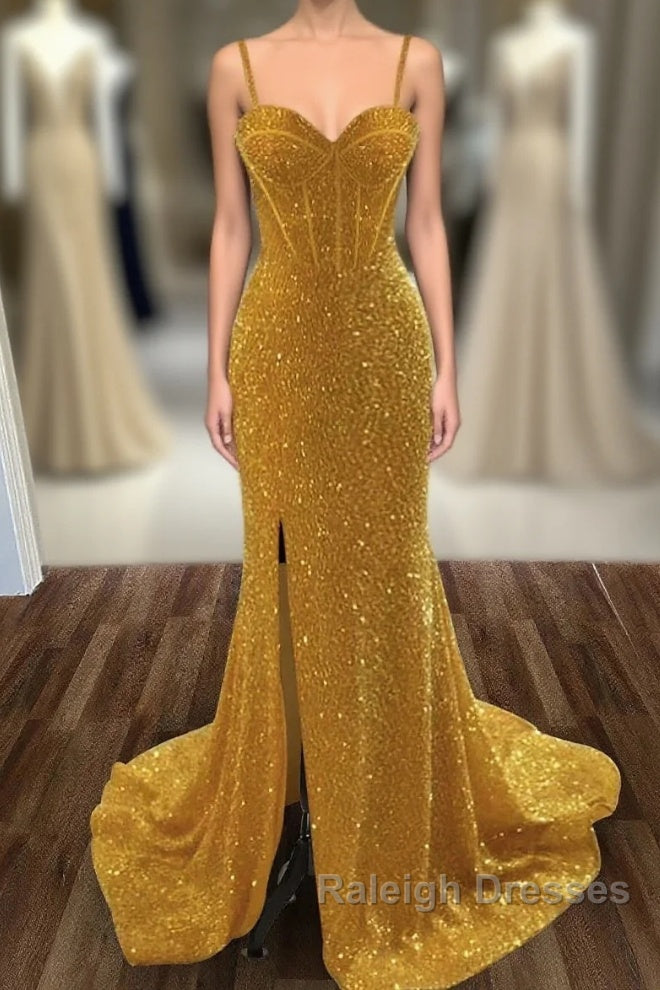 Mermaid / Trumpet Prom Dresses Sexy Dress Formal Sweep / Brush Train Sleeveless Sweetheart Sequined Backless With Sequin Slit Main image