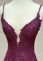 Mermaid/Trumpet Spaghetti Straps Grape Lace Beaded Long Prom Dress Formal Evening Dress