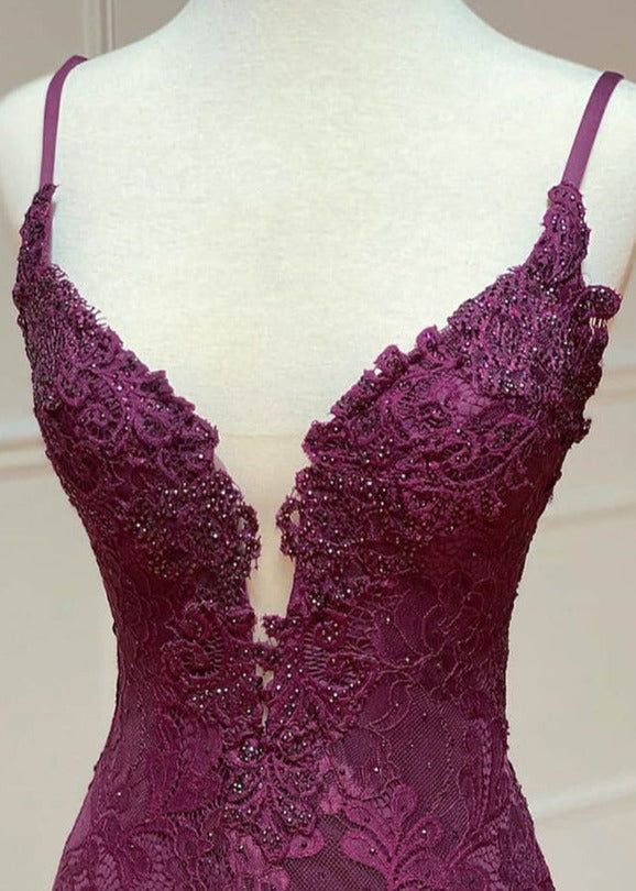 Mermaid/Trumpet Spaghetti Straps Grape Lace Beaded Long Prom Dress Formal Evening Dress