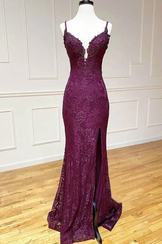 Mermaid/Trumpet Spaghetti Straps Grape Lace Beaded Prom Dresses Long Prom Dresses Main image