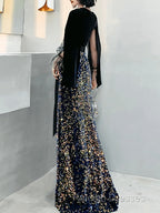 Mermaid / Trumpet Sparkle Gothic Prom Formal Evening Dress V Neck Long Sleeve Floor Length Sequined Velvet With Sash / Ribbon Sequin