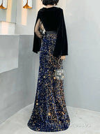 Mermaid / Trumpet Sparkle Gothic Prom Formal Evening Dress V Neck Long Sleeve Floor Length Sequined Velvet With Sash / Ribbon Sequin