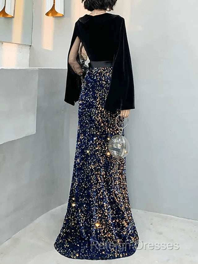 Mermaid / Trumpet Sparkle Gothic Prom Formal Evening Dress V Neck Long Sleeve Floor Length Sequined Velvet With Sash / Ribbon Sequin