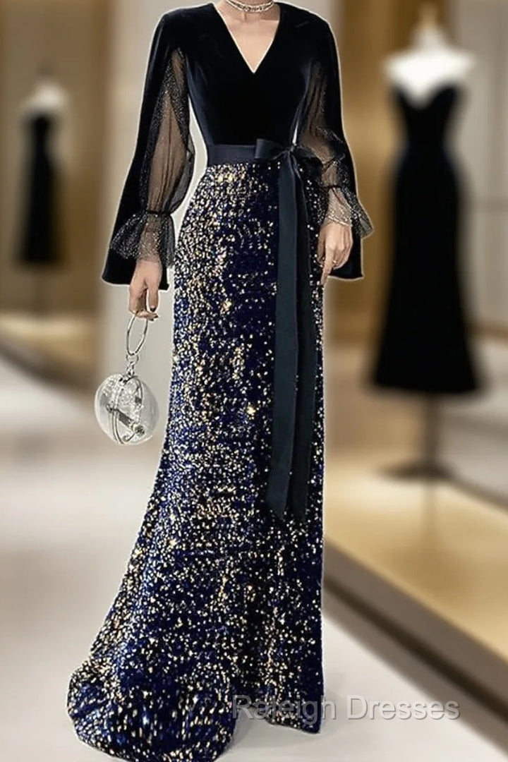 Mermaid / Trumpet Sparkle Gothic Prom Dresses V Neck Long Sleeve Floor Length Sequined Velvet With Sash / Ribbon Sequin Main image
