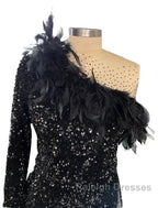 Mermaid / Trumpet Sparkle Sexy Wedding Guest Formal Evening Dress One Shoulder Long Sleeve Court Train Sequined With Feather Sequin Slit