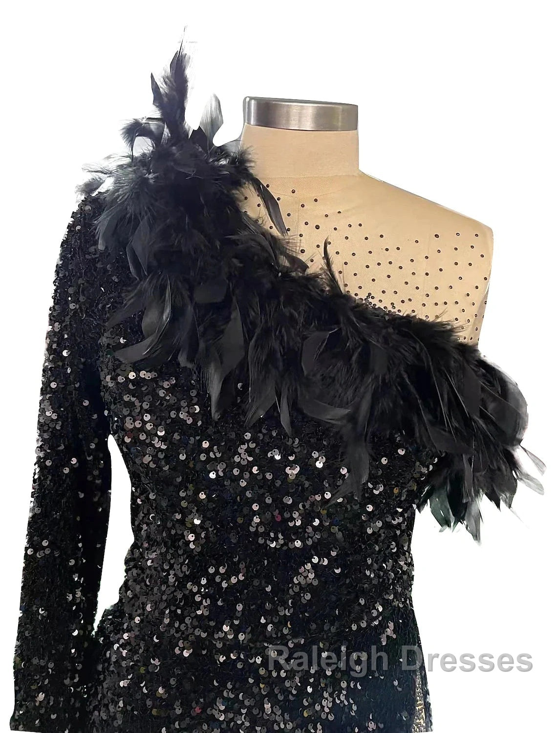 Mermaid / Trumpet Sparkle Sexy Wedding Guest Formal Evening Dress One Shoulder Long Sleeve Court Train Sequined With Feather Sequin Slit