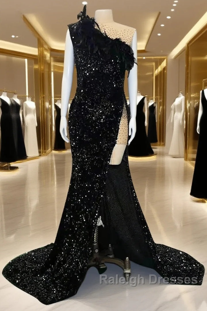 Mermaid / Trumpet Sparkle Wedding Guest Prom Dresses One Shoulder Long Sleeve Court Train Sequined With Feather Sequin Slit