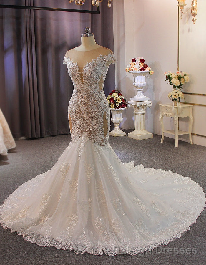 Mermaid Tulle Appliques Beading Cap Sleeve Wedding Dress Main image