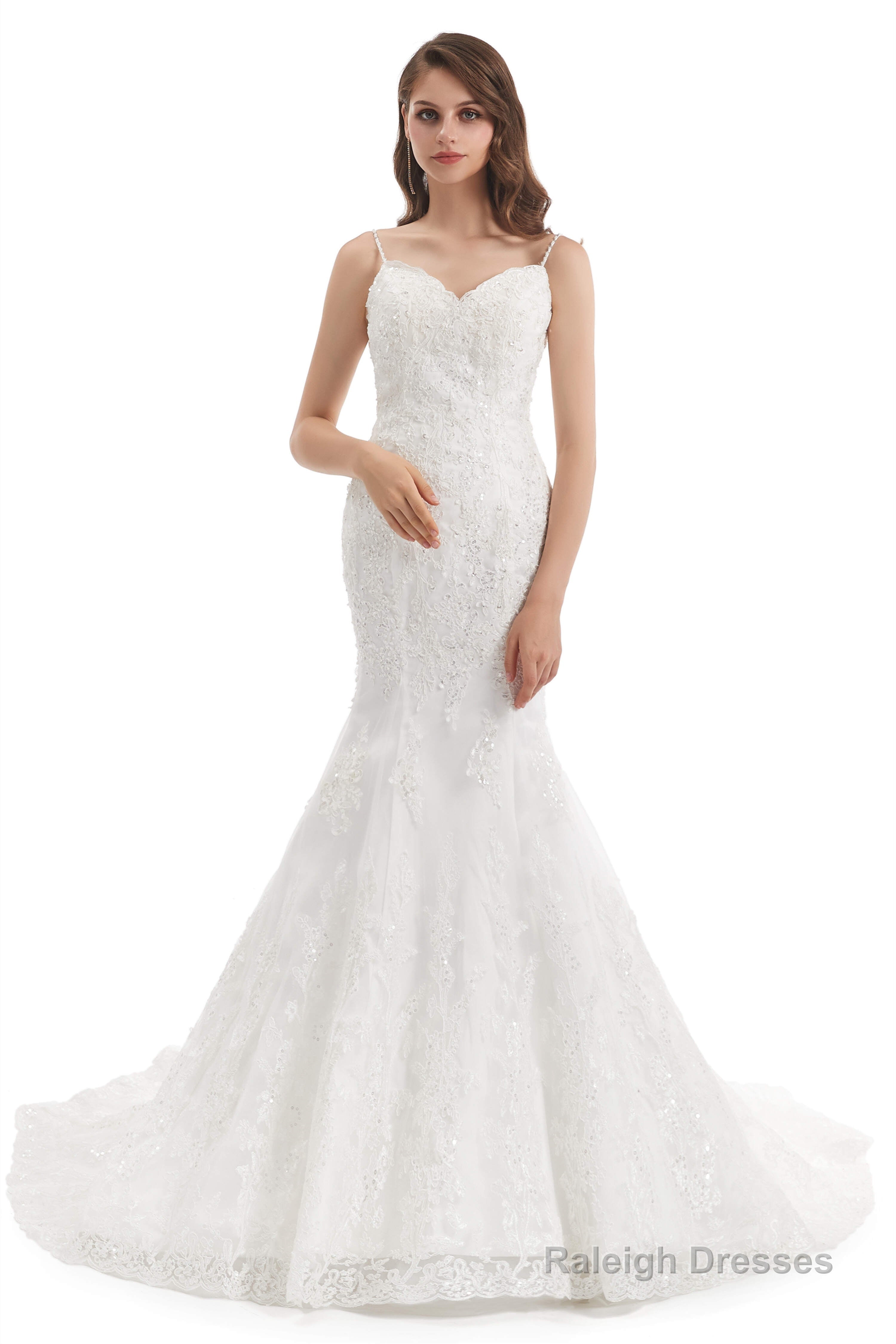 Mermaid Tulle Appliques Sequins Spaghetti Straps Wedding Dresses