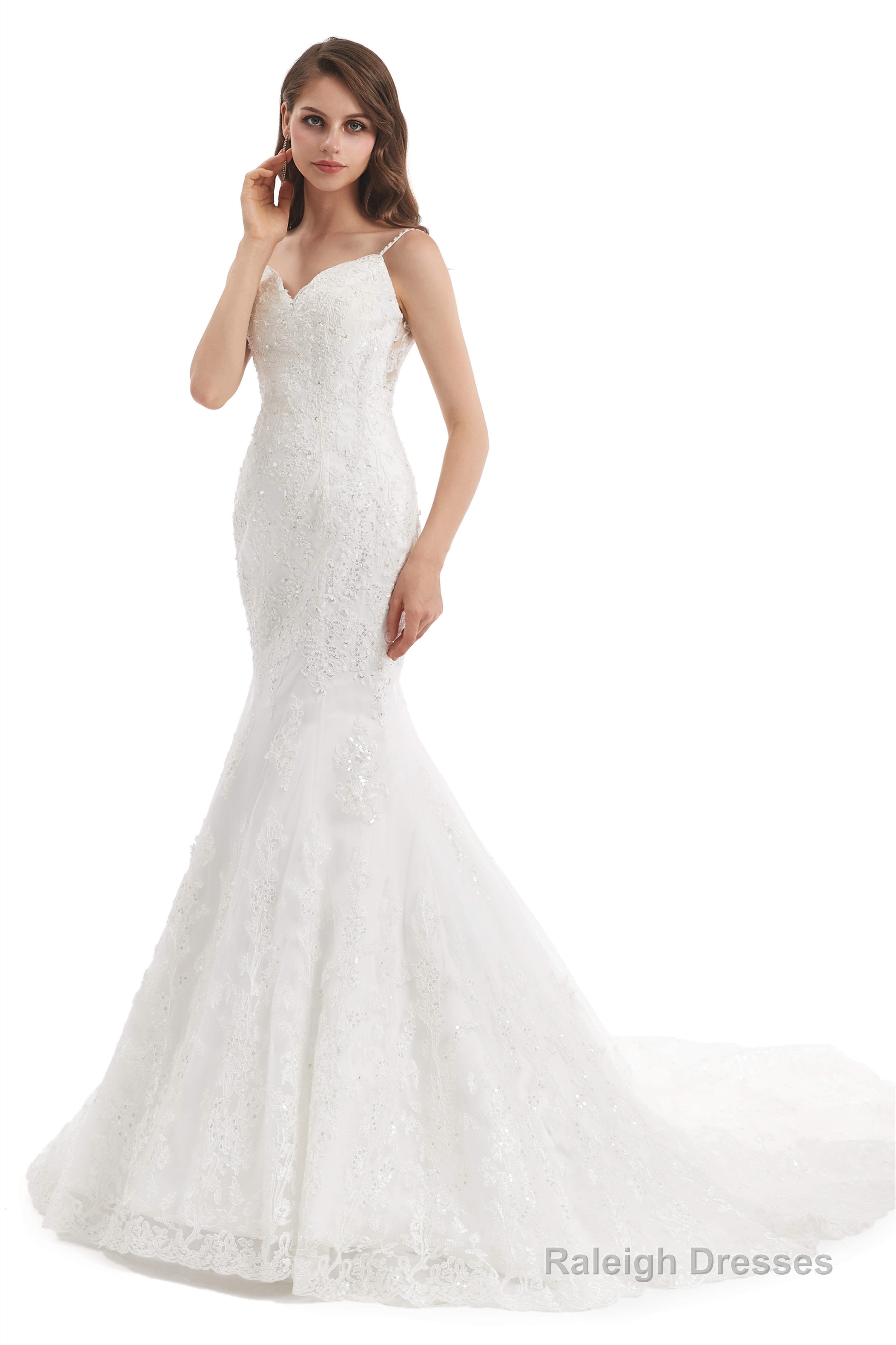 Mermaid Tulle Appliques Sequins Spaghetti Straps Wedding Dresses