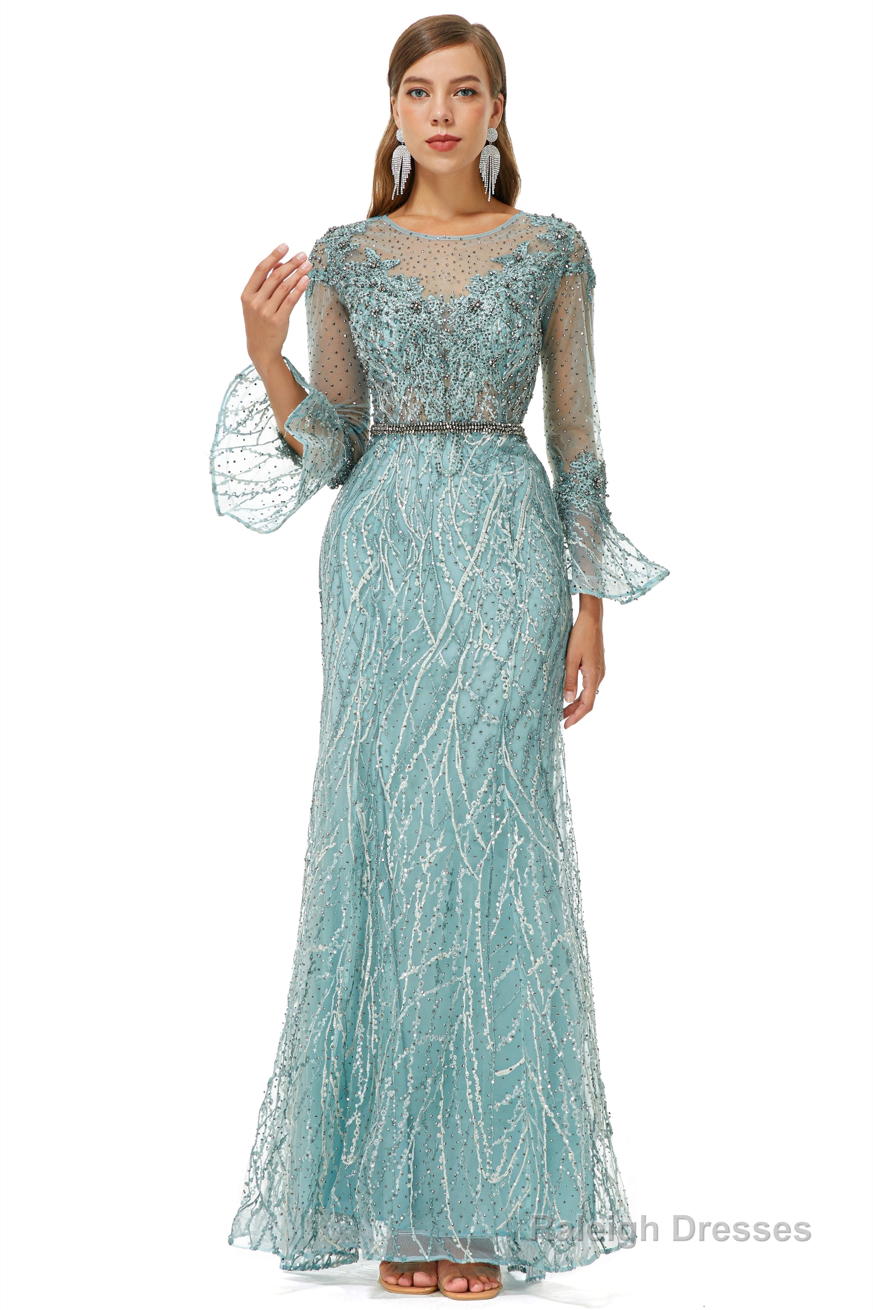 Mermaid Tulle Beading Long Sleeve Prom Dresses