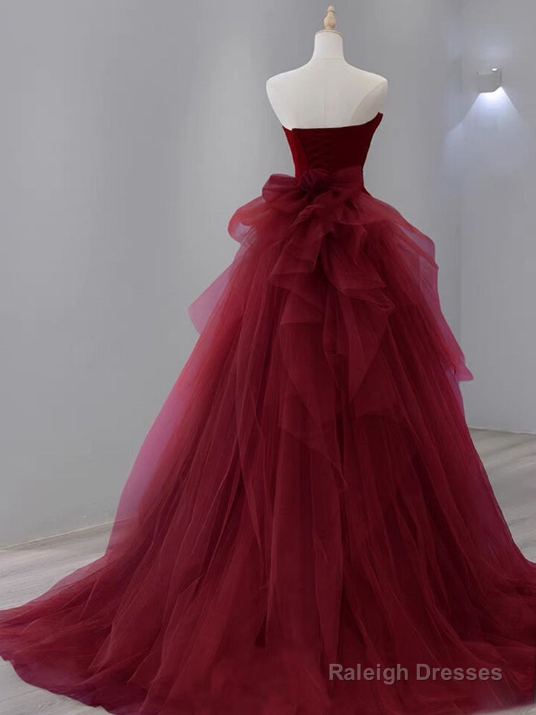 Mermaid Tulle Velvet Burgundy Long Prom Dress, Burgundy Long Evening Dress Secondary image