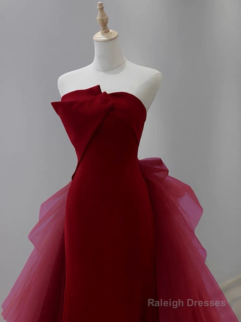 Mermaid Tulle Velvet Burgundy Long Prom Dresses Burgundy Long Prom Dresses