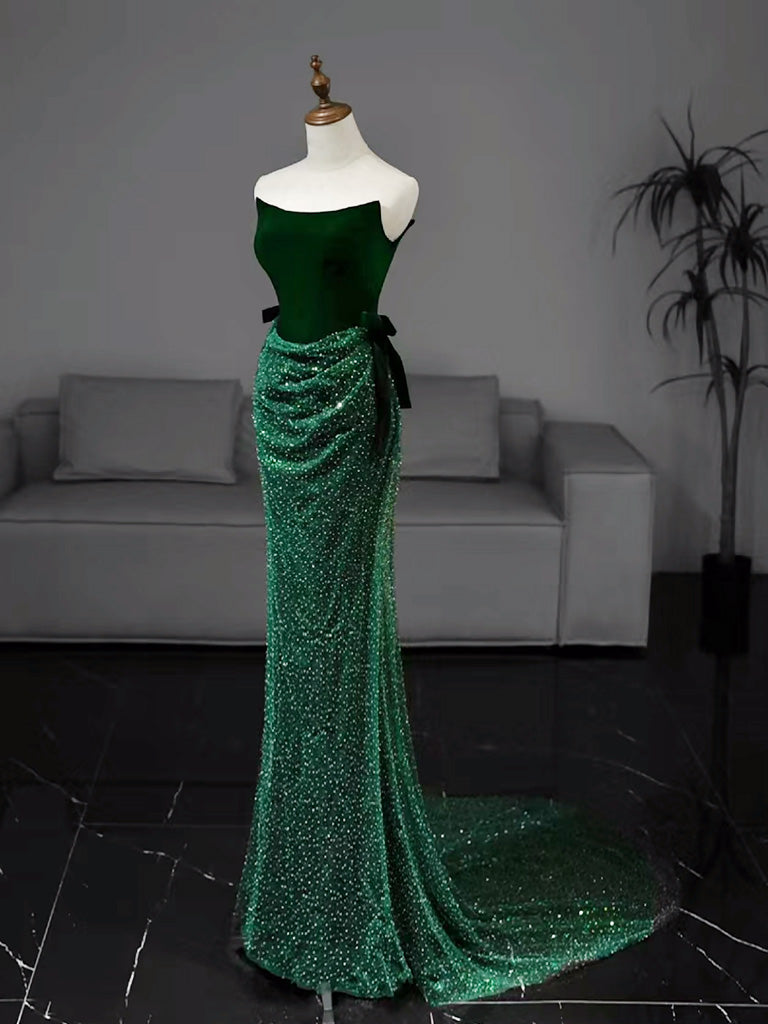Mermaid Tulle Velvet Green Long Formal Prom Dress, Green Long Formal Dress Main image