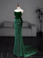 Mermaid Tulle Velvet Green Long Formal Prom Dress, Green Long Formal Dress