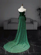 Mermaid Tulle Velvet Green Long Formal Prom Dress, Green Long Formal Dress