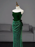 Mermaid Tulle Velvet Green Long Formal Prom Dress, Green Long Formal Dress