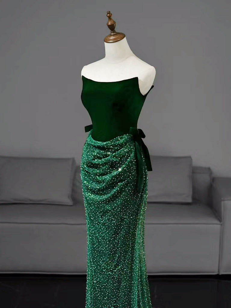 Mermaid Tulle Velvet Green Long Formal Prom Dress, Green Long Formal Dress