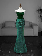 Mermaid Tulle Velvet Green Long Formal Prom Dress, Green Long Formal Dress