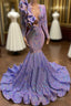 Mermaid V-Neck Appliques Lace Sequined Open Back Floor-Length Long Sleeve Prom Dress
