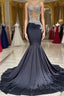 Mermaid V-neck Appliques Lace Sequined Open Back One Shoulder Floor-length Sleeveless Prom Dress