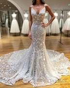 Mermaid V Neck Backless White Lace Long Prom Dresses, Mermaid Ivory Lace Formal Dresses, Ivory Lace Evening Dresses