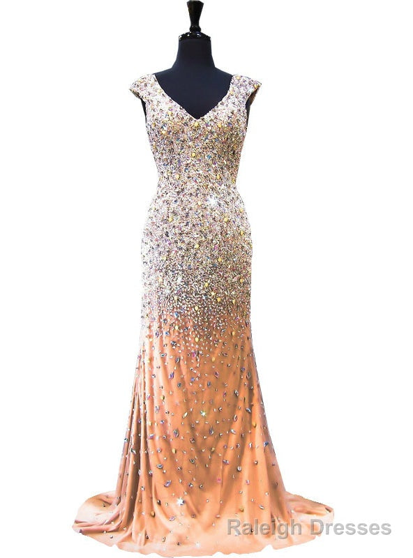 Mermaid V Neck Beaded Crystals Floor Length Champagne Prom Dress