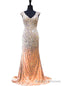 Mermaid V Neck Beaded Crystals Floor Length Champagne Prom Dress