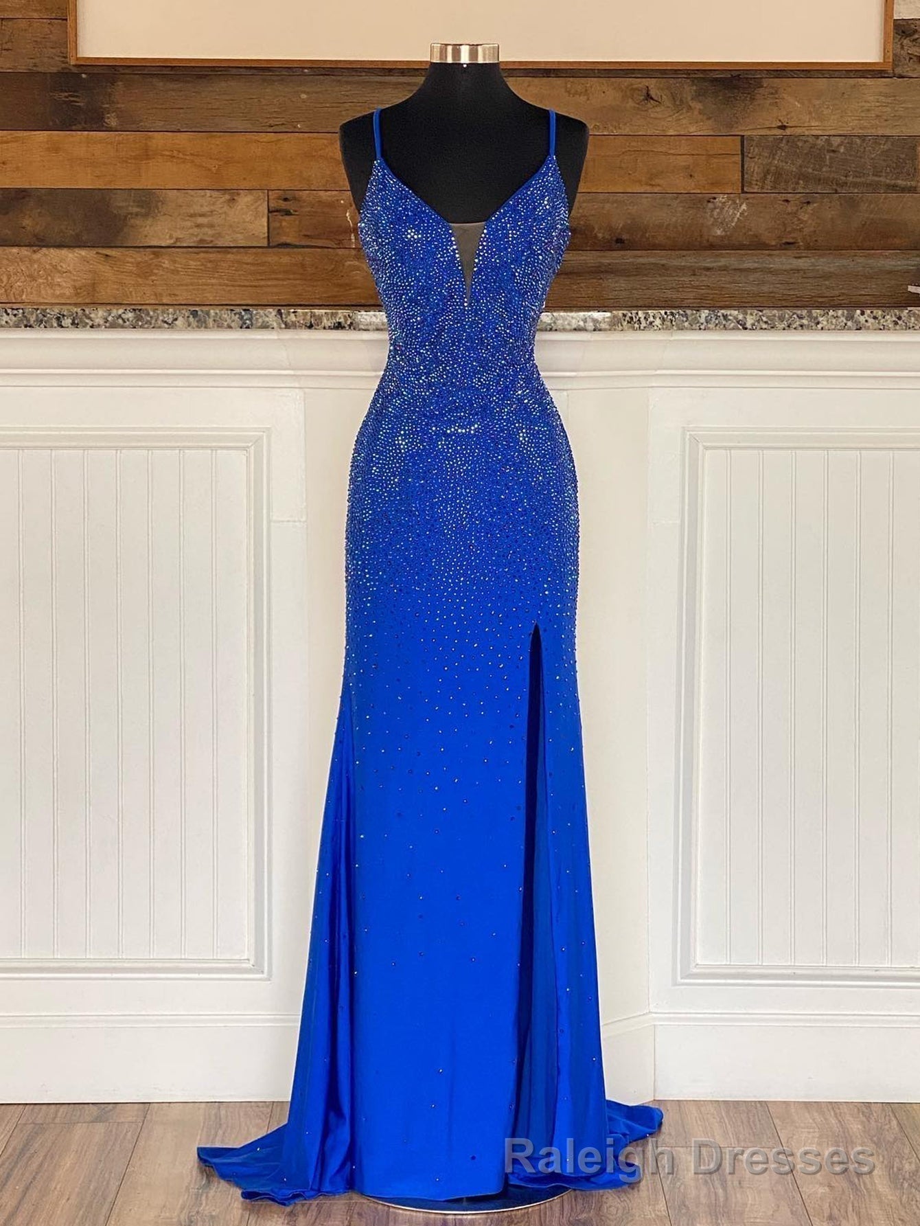 Mermaid V Neck Beaded Jersey Prom Dress with Slit