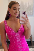 Mermaid V Neck Beaded Satin Prom Dress with Cross Back