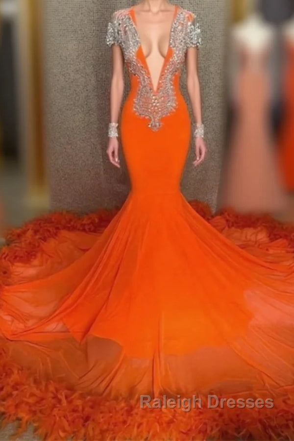 Mermaid V Neck Beaded Sequined Floor Length Long Sleeves With Feather Prom Dresses