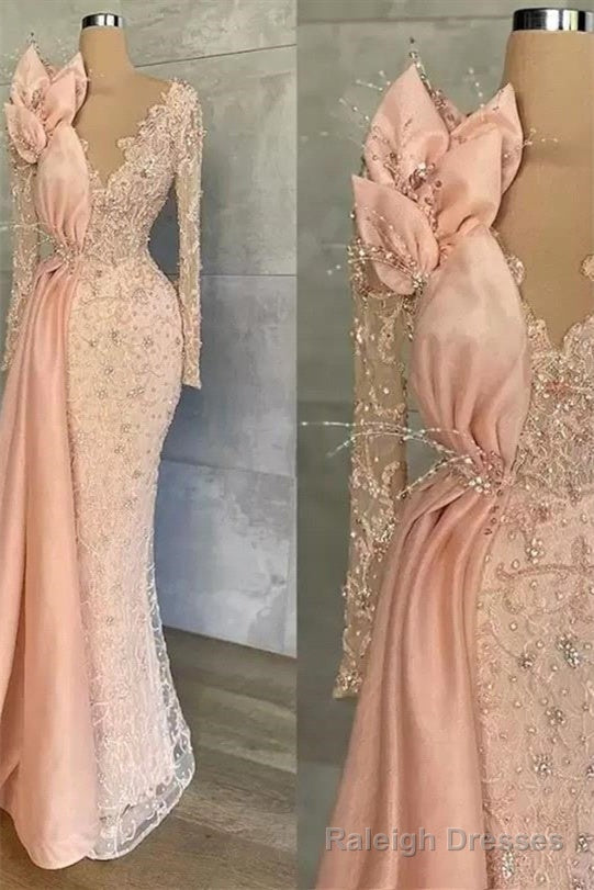 Mermaid V Neck Beading Sequined Floor Length Long Sleeve Appliques Lace Flower Prom Dress