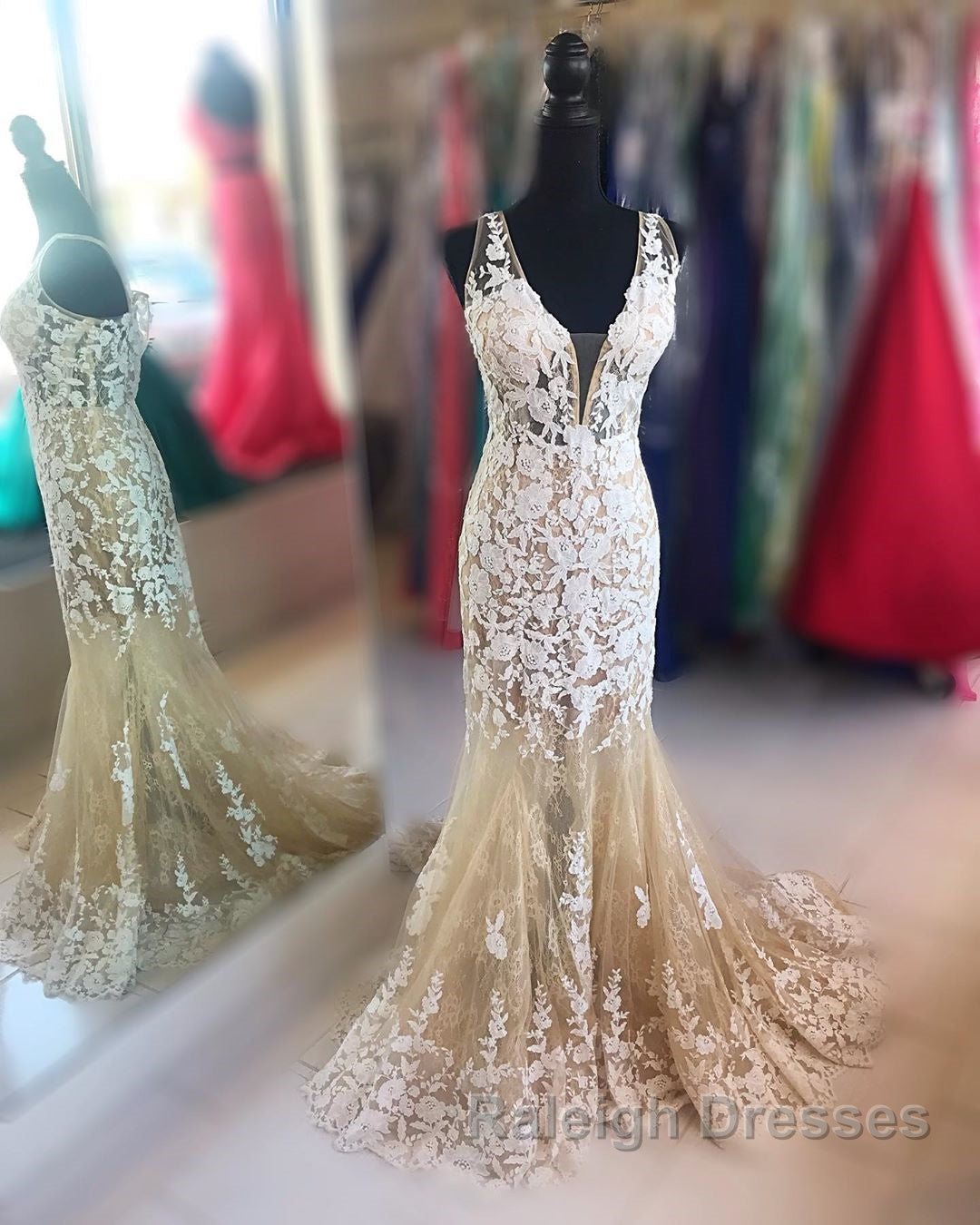 Mermaid V Neck Champagne Lace Prom Dress, Mermaid Champagne Formal Dress, Champagne Lace Evening Dress Secondary image