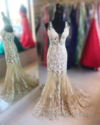 Mermaid V Neck Champagne Lace Prom Dresses Mermaid Champagne Prom Dresses Champagne Lace Prom Dresses