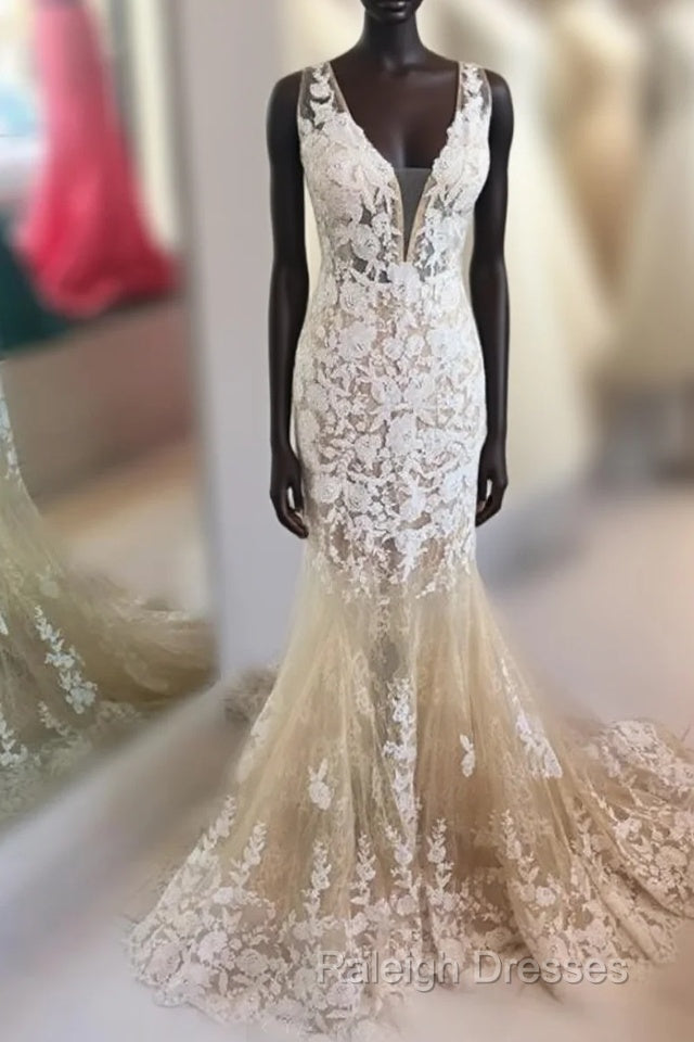 Mermaid V Neck Champagne Lace Prom Dress, Mermaid Champagne Formal Dress Main image