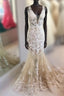 Mermaid V Neck Champagne Lace Prom Dress, Mermaid Champagne Formal Dress