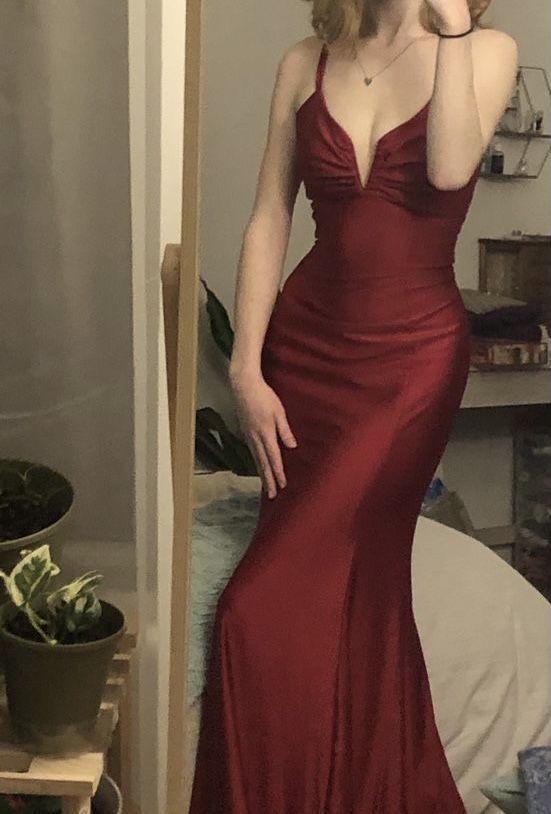 Mermaid V Neck Cross Back Burgundy Satin Long Prom Dresses