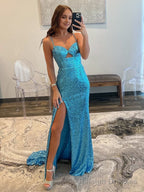 Mermaid V Neck Cutout Blue Long Prom Dress