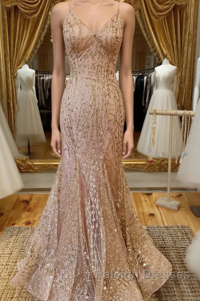 Mermaid V Neck Rose Gold Prom Dress Stunning Evening Dress