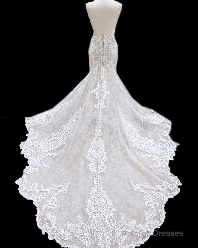 Mermaid V Neck Empire Wedding Dresses Lace Open Back Secondary image
