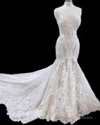 Mermaid V Neck Empire Wedding Dresses Lace Open Back