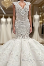 Mermaid V Neck Floor Length Backless Tulle Beading Applique Wedding Dresses