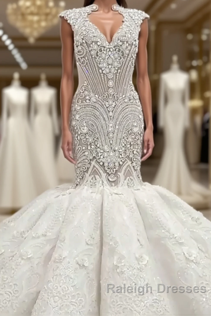 Mermaid V Neck Floor Length Backless Tulle Beading Applique Wedding Dresses